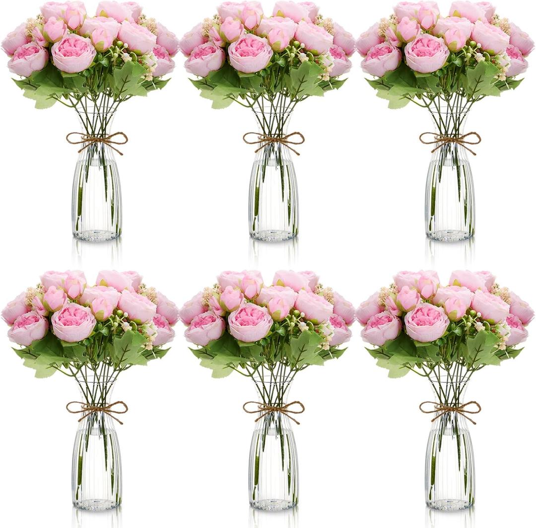 Thiccywoov 19 Pack Artificial Peony Flowers with Vase Bulk, 12 Bundles Faux Peony Bouquet 6 Vase with 1 Rope Silk Flower Arrangement Wedding Table Centerpiece for Wedding Bridal Shower(Hot Pink)