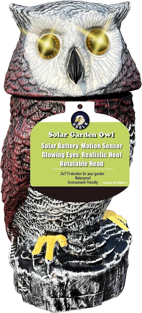 Solar Powered Garden Owl with Motion Detection, Rotating Head, Realistic Hoots and Silent Mode, Outdoor Statue and Sculpture, Owl Decoration for Home, Garden, Patio and Lawn