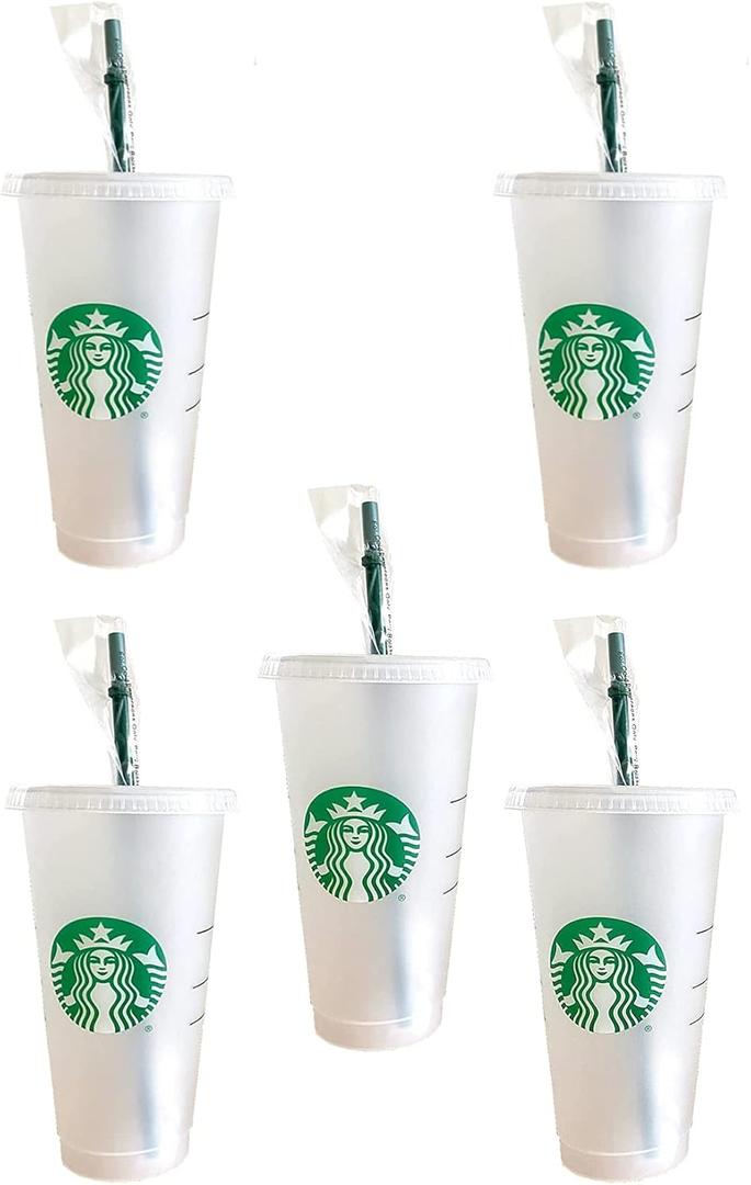 Starbucks 5 Pack Bundle - Reusable Frosted 24 oz Cold Cup with Lid and Green Straw w/Stopper