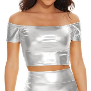Women's Shiny Metallic Crop Tops Off Shoulder Tube Bra for Raves, Festivals, Costumes (XL)