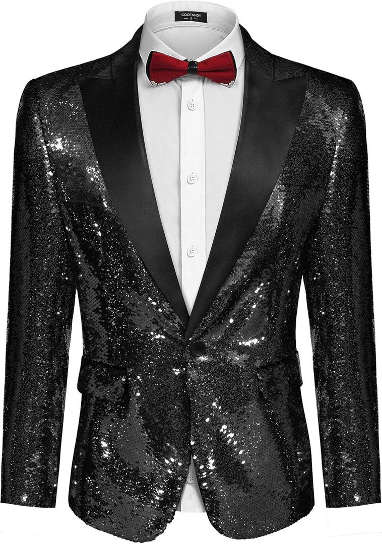 COOFANDY Mens Sequin Blazer Tuxedo Party Prom Wedding Tuxedo One Button Jacket (Medium, Pitch-black)