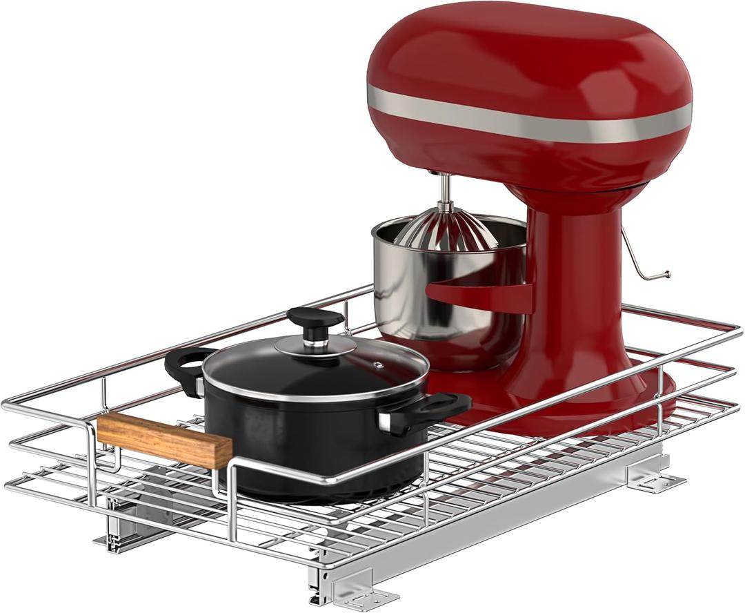 Pull Out Cabinet Organizer(14" W x 21" D), Heavy Duty Slide Out Pantry Shelves, Storage Shelf Drawer Basket for 15-1/4 Cabinet Opening, Pull Shelf Storage for Pots, Chrome