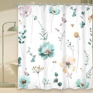 Omifly Extra Long Floral Shower Curtain 72Wx84H Inch Teal Green Watercolor Flower Boho Spring Modern Wildflower Botanical Minimalist with 12 Plastic Hooks Fabric Waterproof Toilet Accessories Decor