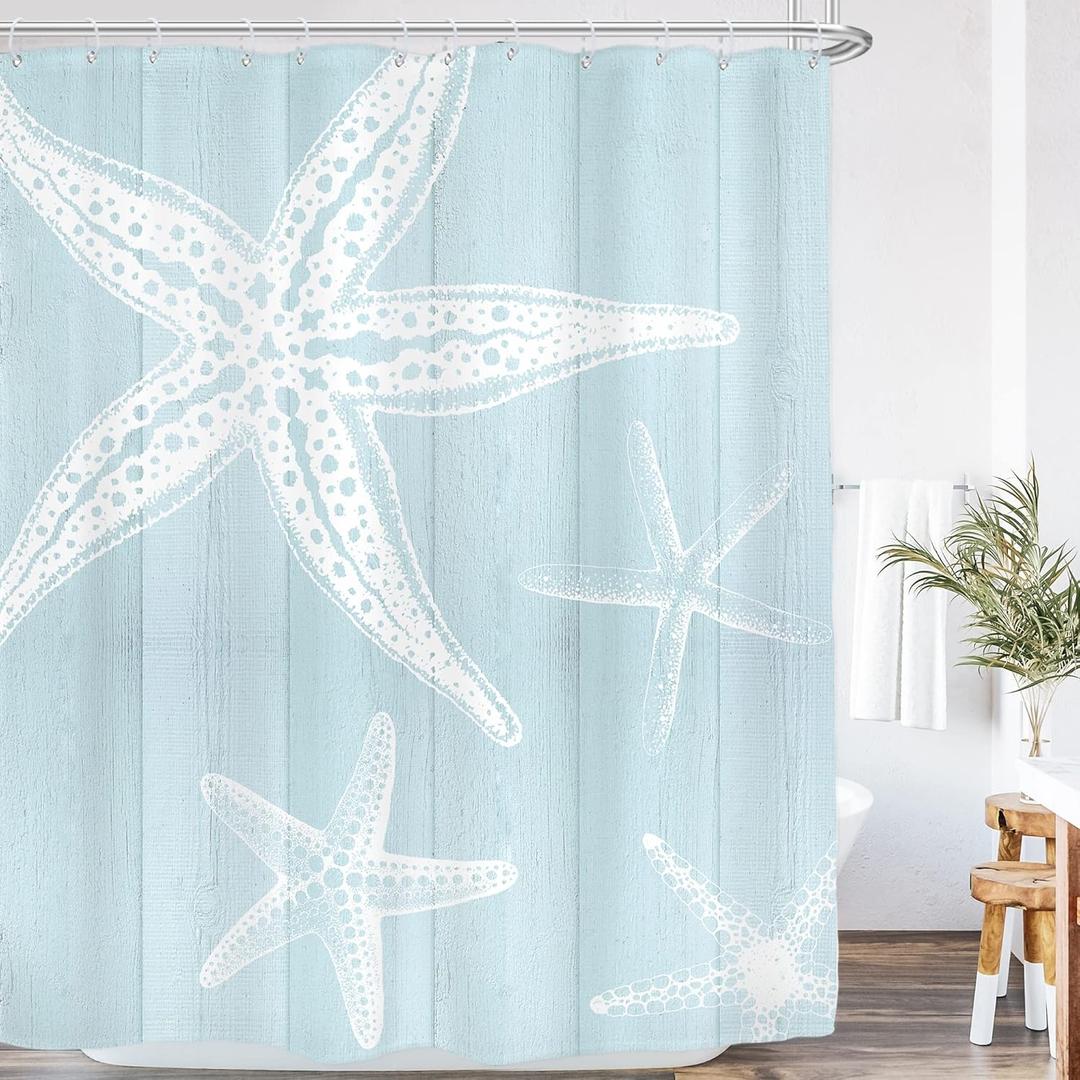 AMBZEK Beachy Shower Curtain Blue Coastal Beach Starfish Farmhouse Nautical Barn 60"Wx72"L Wooden Plank Ocean Vintage Pastel Rustic Country Cloth Fabric Polyester Bathroom Decor Set 12 Pack Hooks (60"W x 72"L (Pack of 1), A-starfish01)