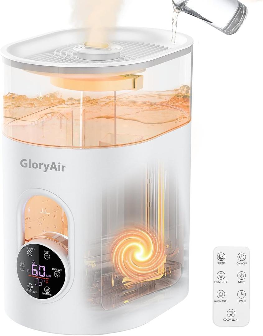 Humidifiers for Bedroom Large Room Home - GloryAir 6L Quiet Top Fill Cool & Warm Mist Humidifier with Smart Humidity Control, Remote Control, 7-Color Light, Humidistat, Oil Diffuser (White)