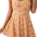 B2prity Women's One Piece Swimdress Swimsuit Tummy Control Swim Dress Modest Full Coverage Bathing Suit with Side Pocket (Medium, Orange White Floral)