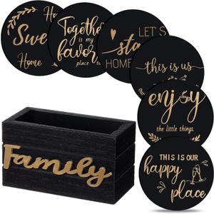 Queekay Coasters Set of 6 House Warming Gifts New Home Wooden Farmhouse Drink Coasters with Holder 4'' Funny Decoration for Kitchen Family Coffee Bar Tabletop Protection(Black Gold)