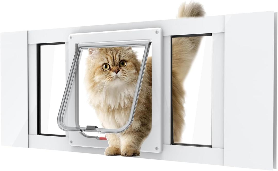 Aluminum Cat Door for Windows - Adjustable to Fit Window Width 24"-28", Quick-Fit Cat Door Window Insert, Magnetic Suction Design, Perfect for Cats