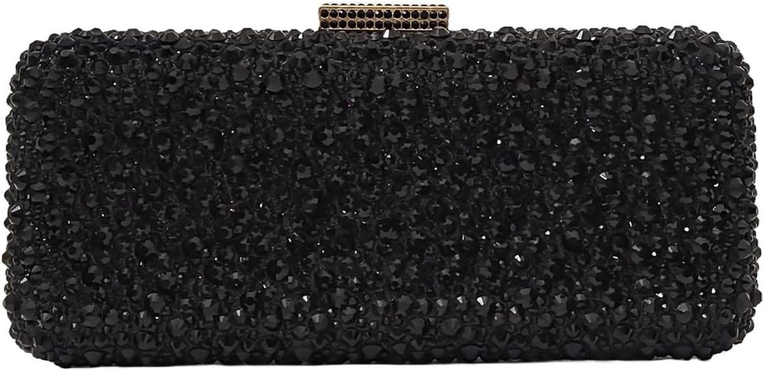 Long Rhinestone Box Evening Bag Women Formal Gathering Party Crystal Clutch Bridal Purse (Black)