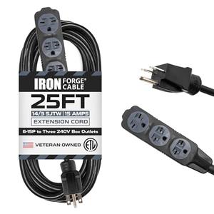 Iron Forge Cable 25 Ft Extension Cord with 3 Outlets - Extension Cord, 6-15P to Three Box Outlets Black 14 Gauge, SJTW 220/240 Volt Cord Heavy Duty