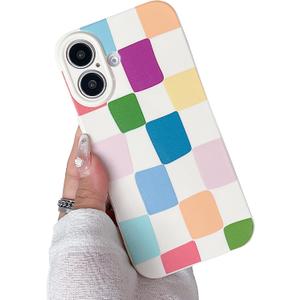 Compatible with iPhone 16 Plus Case Cute Aesthetic Checkerboard Checkered Pattern Design for Girls Women, Soft Silicone Shockproof Protective Designed for iPhone 16 Plus Case-Colorful