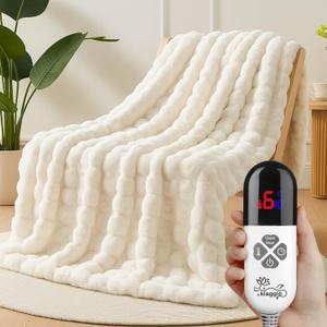 Electric Heated Blanket Throw 50"x60" White Ultra Soft Luxury Fluffy Faux Rabbit Fur Machine Washable 6 Heat Settings 4 Hours Auto Off Overheat Protection for Home Office Use