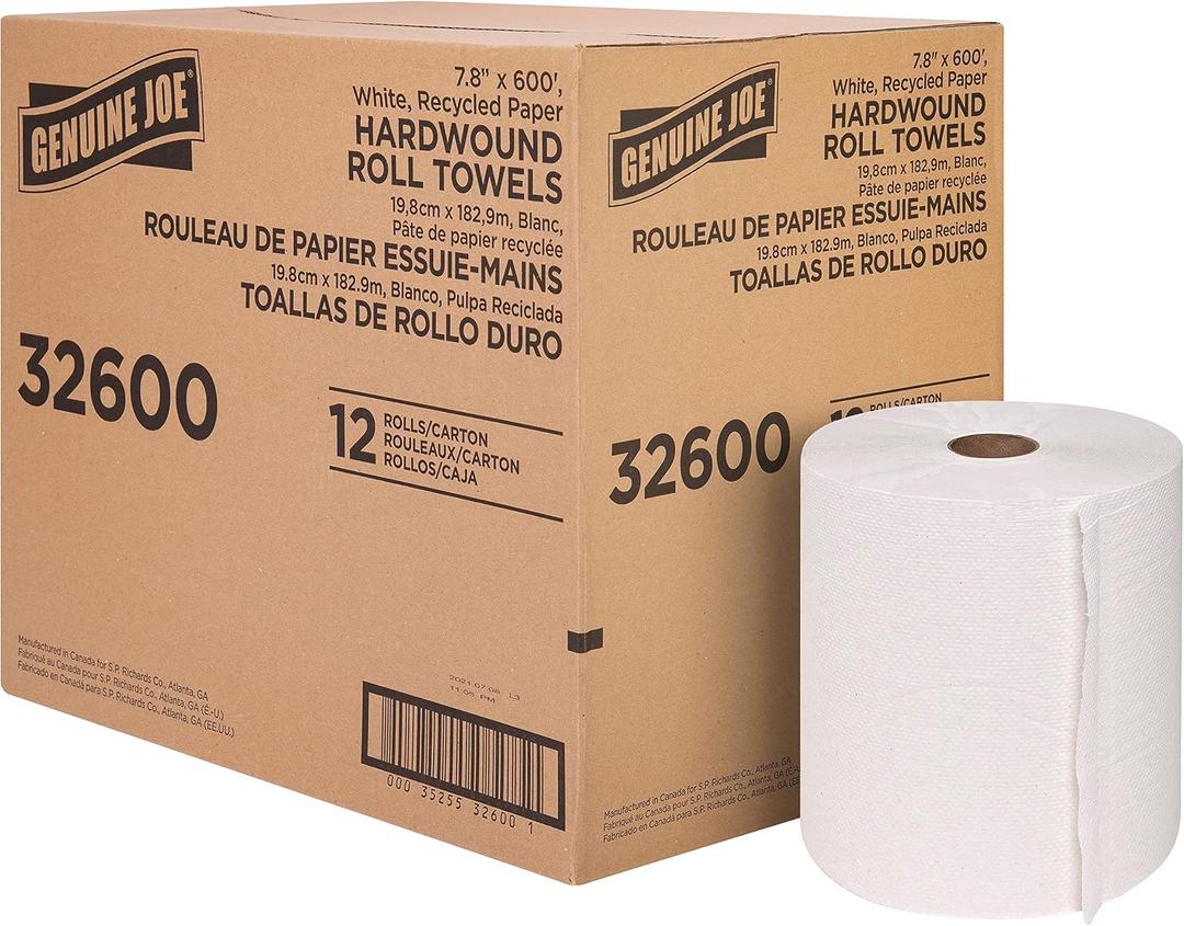 Genuine Joe Embossed Hardwound Roll Towels, 2" Core, 1-Ply, 7.8" x 600', White, 12 Count, 7.9" x 600'
