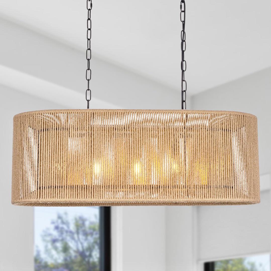 Wellmet Boho Chandelier Light Fixture 42 Inch, Farmhouse Rattan Pendant Light for Dining Room, Rustic Rectangular Chandeliers for Living Room, Bedroom, Kitchen Island (Rattan, 33 Inches)