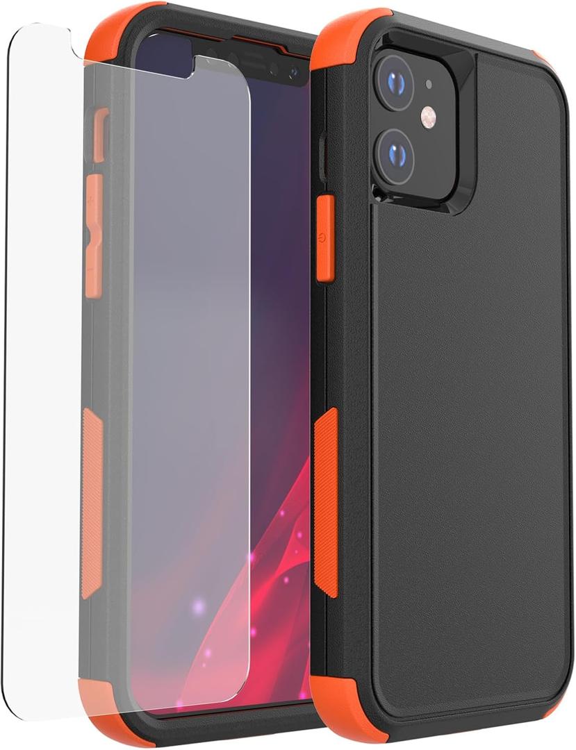 X-belmox Heavy Duty Case for iPhone 12/12 Pro, 3-Layers Military Drop Protection Phone Case [Tempered Glass Screen Protector] Shockproof Rugged Case Cover for iPhone 12 Pro 6.1 Inch - Black/Orange