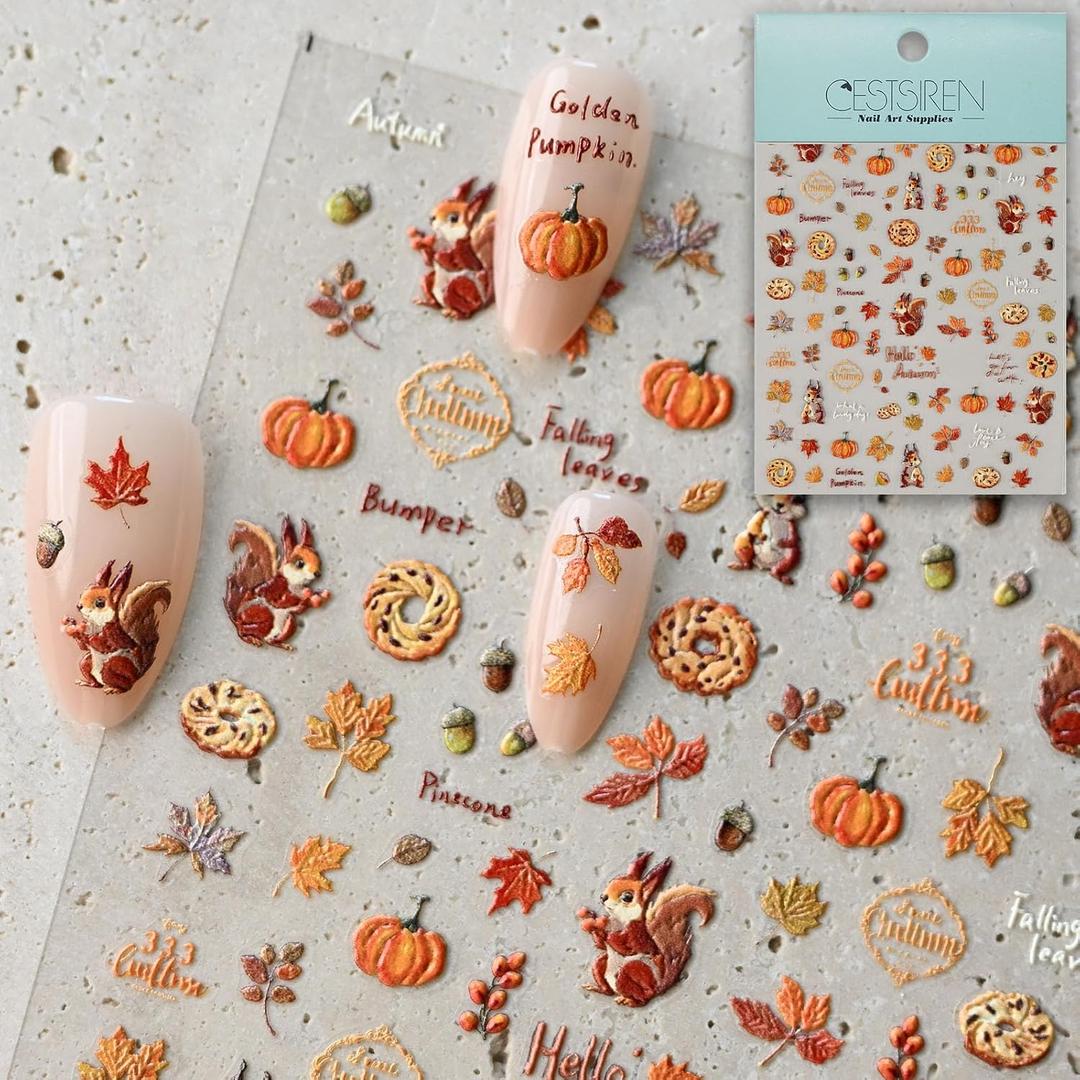 2 x CESTSIREN Fall Squirrel Nail Art Stickers, Maple Leaves Nail Decals, Self-Adhesive,Autumn Nail Accessories & Supplies, Durable & Long-Lasting