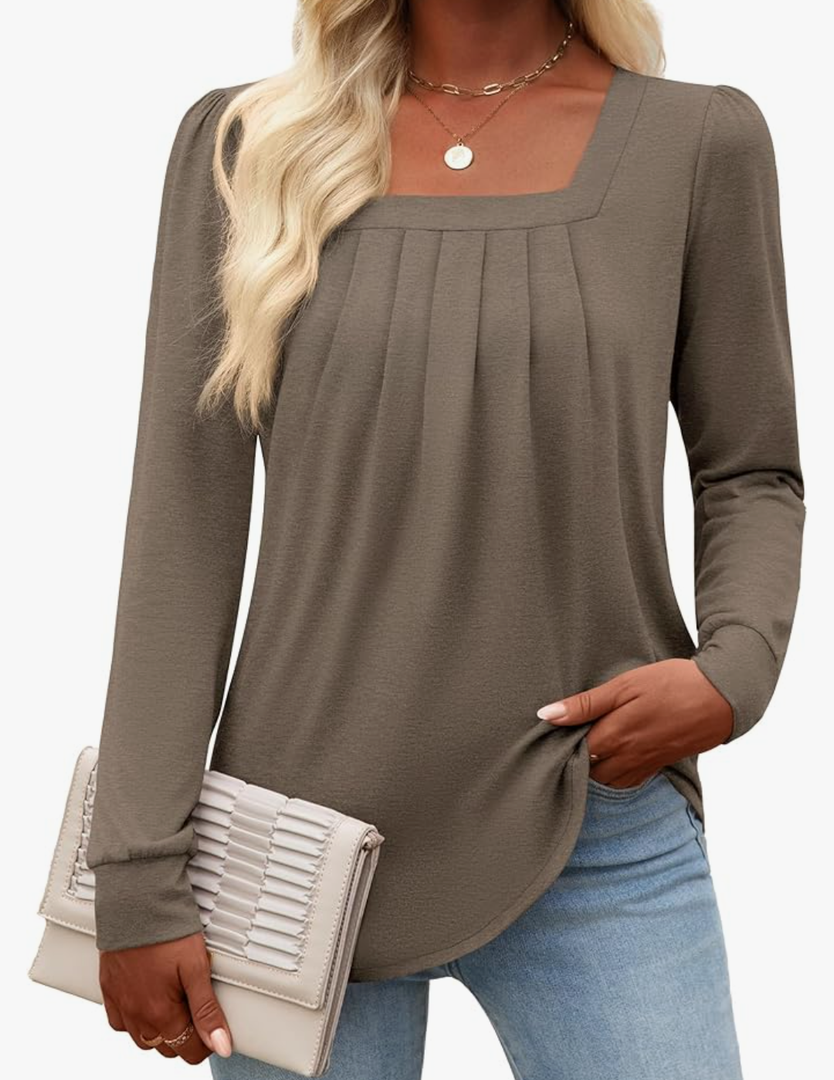 Funlingo Women's Puff Long Sleeve Tops Dressy Casual Square Neck Pleated Work Blouse Fall Trendy Tunic Flowy Chiffon Shirt, Size 2XL