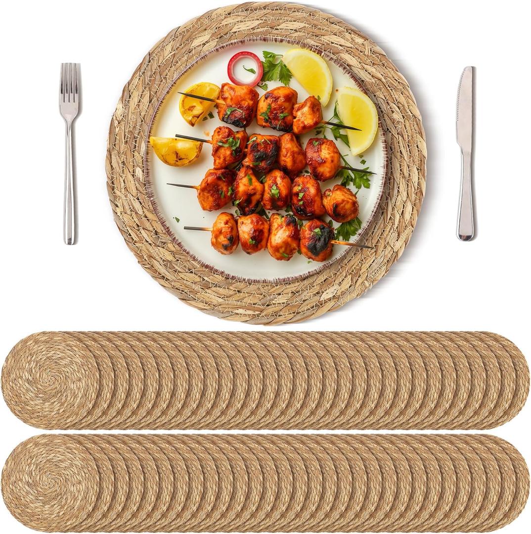 Set of 60 Round Woven Placemats 13.8 Inches Bulrush Placemats Natural Hand-Woven Boho Rattan Placemat Wicker Table Mats Farmhouse Weave Place Mats for Home Dining Set of 60 Round Woven Placemats 13.8 Inches Bulrush Placemats Natural Hand-Woven Boho Rattan Placemat Wicker Table Mats Farmhouse Weave Place Mats for Home Dining