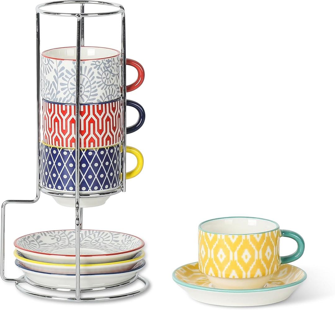 Selamica Ceramic Espresso Cups with Saucers and Metal Stand, 2.5 OZ Stackable Demitasse Cups for Espresso Latte Caf Mocha Tea, Set of 4, Assorted Colors
