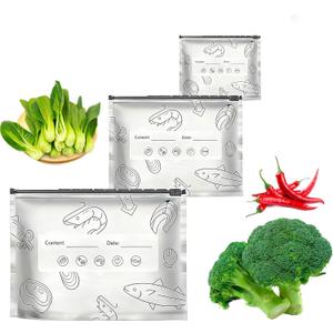 30 PCS Reusable Aluminum Foil Food Storage Bags,Resealable Ziplock freezer Bags Airtight for Freezer Fridge with Labels,BPA-Free 3 Sizes for Meat bags Fruit Vegetables Snacks(S*10+M*10+L*10)