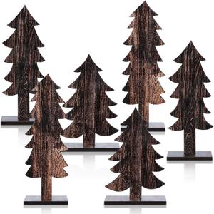 Meooeck 6 Pcs Tabletop Christmas Tree Decorations Wooden Christmas Trees with Base Standing Handmade Rustic Farmhouse Centerpieces for Tables for Home Office Xmas Decor(Dark Wood Color)