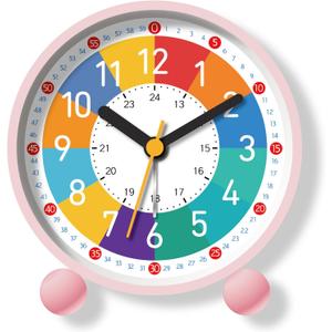 Analog Alarm Clock for Kids Learn to Tell Time with Colorful Dial, Silent Clock Movement, Battery Operated with Back-Light, for Kids,Teens and Nice Bedroom Decor (Pink)