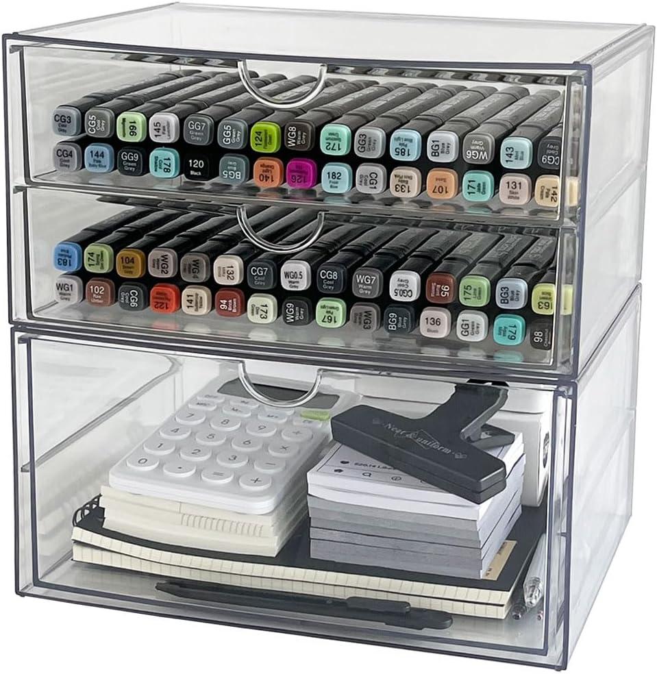 Clear Desk Drawer Organizer, 2 Pack Plastic Home Office Accessories Storage Box for Marker, Cards, Stationery, Crafts, Makeup, Bathroom Supplies, Coffee Pods, Pet Snacks (3 Drawers)