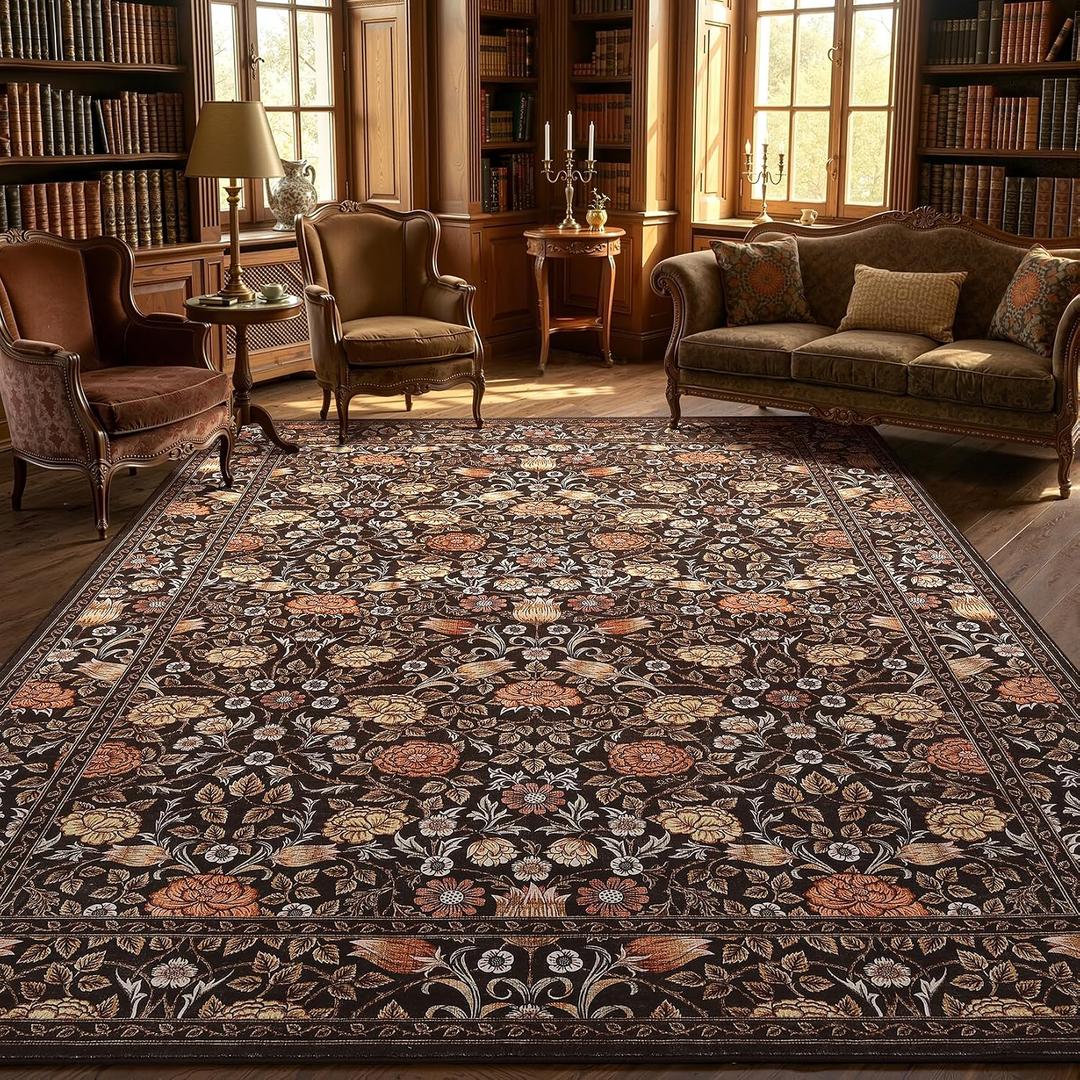 GarveeHome Brown Vintage Floral Washable 8x10 Area Rugs for Living Room Black Boho Botanical Retro Rug Low Pile Stain Resistance Non Slip Carpet for Bedroom Nursery Dining Room