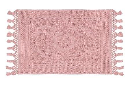 Savi Home Cotton Woven Jacquard Bathroom Rug, Woven Fringe Bathroom Mats, 100% Cotton, Non - Slip Bath Mat, Durable Thick Bath Mat 17”x30” with Fringes, Baby Pink
