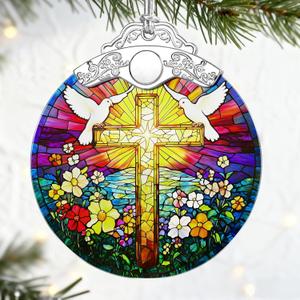 2 x Catholic Cross Gifts: Stained Glass Christian Cross Ornament | Christmas Ornaments (Christmas Tree Ornaments), Christian Faith Home Decor, Religious Gift & Xmas Gifts