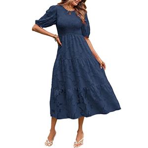 MEROKEETY Women's 2025 Boho Short Sleeve Crewneck Smocked Dress Floral Swing A-Line Beach Dresses,Navy, XL