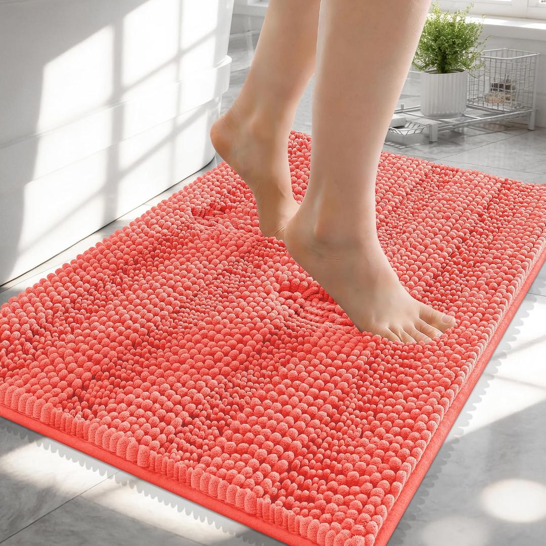 OLANLY Thick Small Bathroom Rugs 24x16, Extra Soft Absorbent Chenille Striped Bath Rugs, Rubber Backing, Machine Wash, Bath Mats for Bathroom Floor, Tub and Shower, Home Decor Accessories, Coral