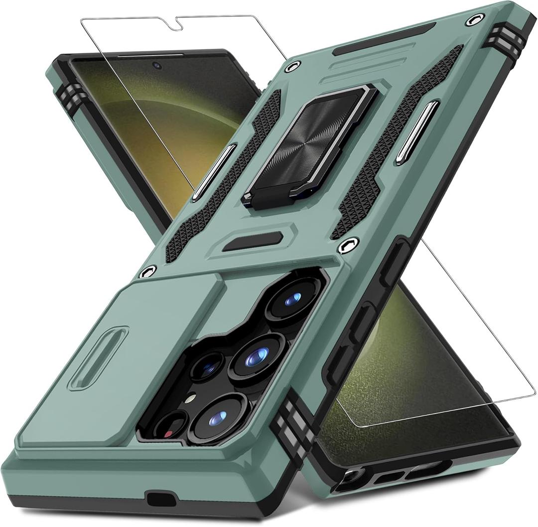 DEERLAMN Case for Samsung Galaxy S25 Ultra with Slide Camera Cover+Screen Protector (1 Pack), Rotated Ring Kickstand Military Grade Shockproof Protective Cover-Green (S25 Ultra-6.9 Inch)