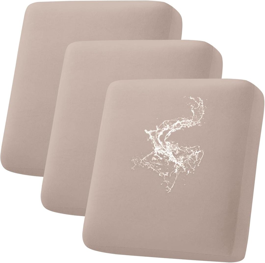 hyha Waterproof Couch Cushion Covers, Stretch Sofa Couch Seat Slipcover for Dog Washable, Non-Slip Waterproof Outdoor Cushion Covers for Patio Furniture Replacement (3 Pieces, Taupe)