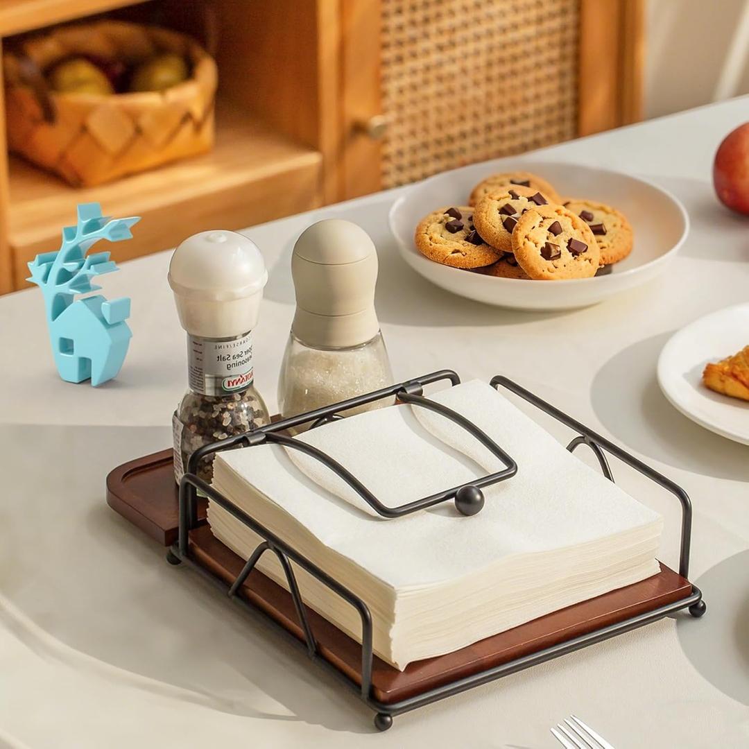 Baffect Napkin Holder For Table With Salt And Pepper Tray, Flat Napkin Dispenser With Weighted Arm,Black Napkin Storage For Dinner, Table Decor, Kitchen, Home Bar, Party, Hotel (Wood, Metal)