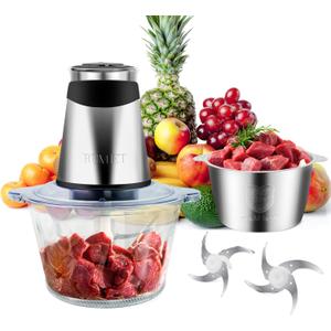 Electric food processor vegetable chopper 500W 2x8cup bowls 2 bi-layer 4 blades Small Food chopper Electric Meat grinder for home use,Mincing, and Puree for kitchen aid, baby foot, pet food (8cups+8cups)