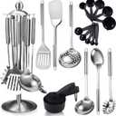 17Pcs Stainless Steel Kitchen Utensils Set - Metal Cooking Utensils Set with Rotatable Holder, Heat Resistant Stainless Steel Utensil Set with Spatula Set, Ladle, Skimmer, Spoons, Pasta Server