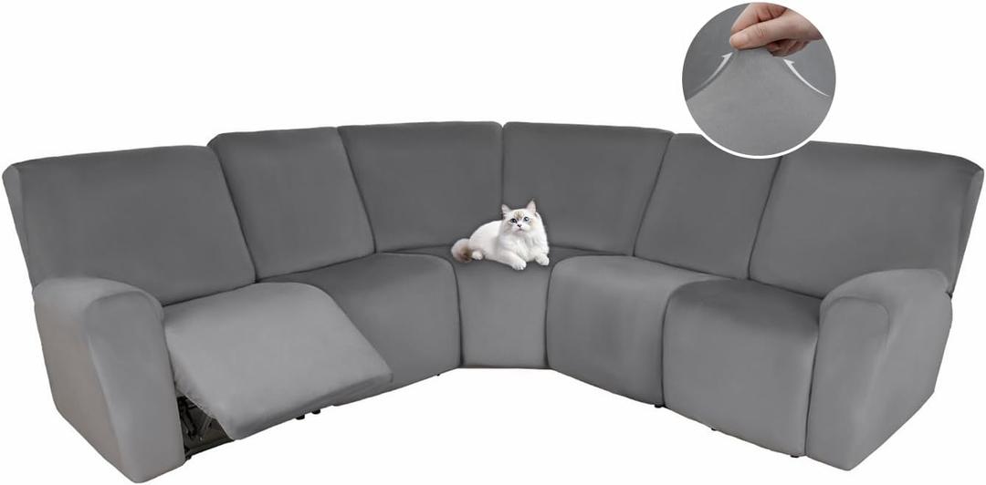 HDCAXKJ Reclining Sectional Couch Covers Velvet L Shaped Sectional Sofa Cover Washable Stretch Soft Corner Recliner Slipcover with Non-Slip Elastic Bottom (5 Seat Recliner Couch, Middle Gray)