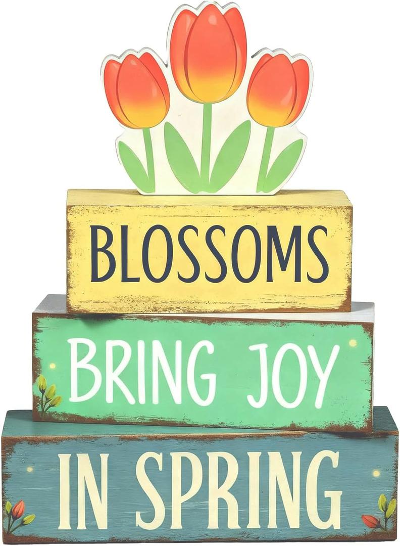 Spring Decoration Wooden Tiered Tray Decor  Tulip Blossoms Spring Stacked Block Sign with Floral Accent  Farmhouse Tabletop Spring Decor for Shelf Mantel Seasonal Home Display