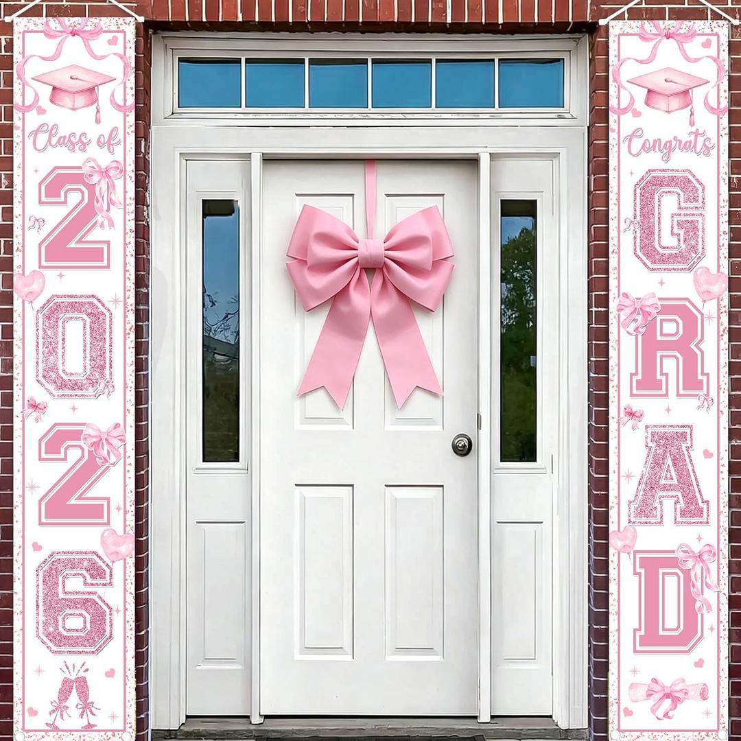 AIBIIN Pink Bow 2026 Graduation Porch Banner Coquette Class of 2026 Graduation Door Porch Signs Congrats Grad Hanging Banner for High School College Graduation Party, 71 x 12 inches