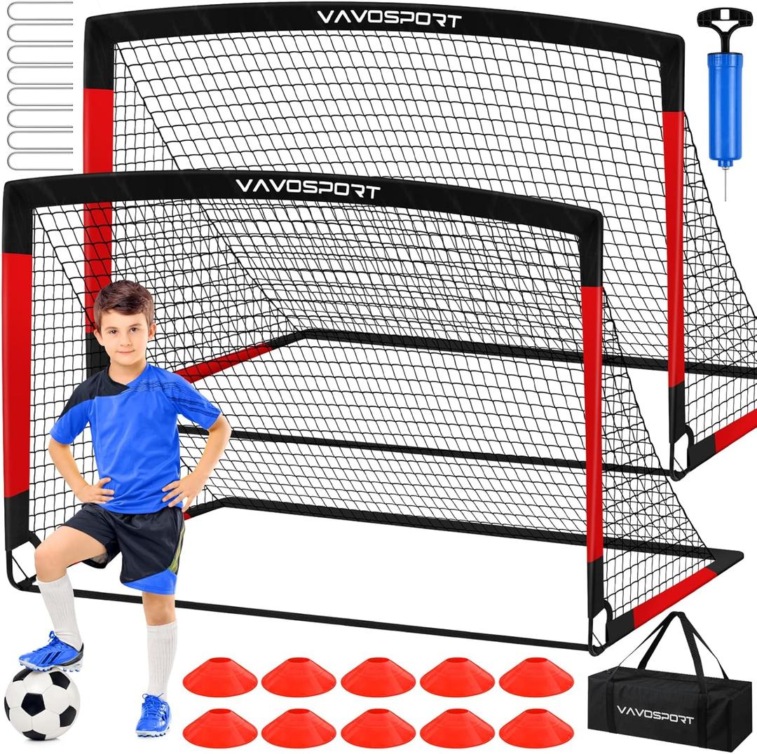 VAVOSPORT Kids Soccer Goals for Backyard Set, 2 of 4x3 / 6x4 ft Portable Soccer Goal Nets, Pop Up Mini Toddler Soccer Net Training Equipment & Ball, Cones for Ages 3-14, Outdoor Games Gifts for Kids