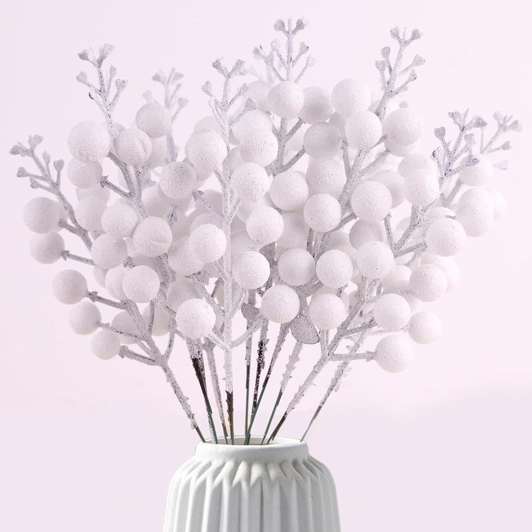 Christmas Glitter Berries Stems 14Pcs 7.8 Inch Christmas White Holly Berry Picks Artificial Winter Faux Berry Stems Picks Branches for Christmas Tree Ornaments DIY Crafts Wreath and Home Decor