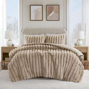 Madison Park King Comforter Set Reversible Faux-Fur Plush Comforters for King Size Bed, All Season Luxurious Ribbed Velvet Comforters King Size Bedding Set, Jasmine, King, Taupe 3 Piece