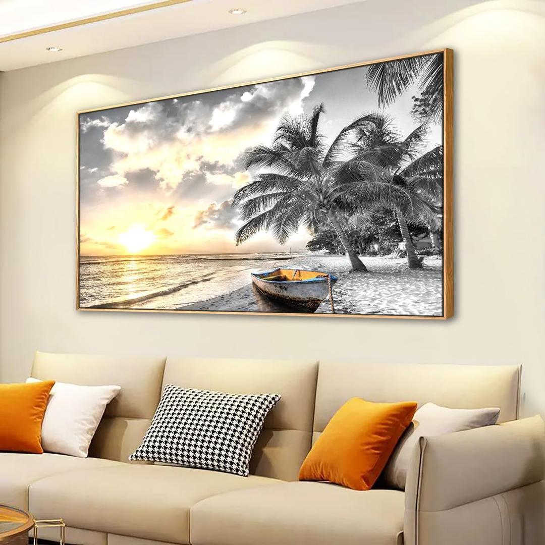 Framed Canvas Wall Art for Living Room Bedroom Office Black and White Beach Wall Art Paintings Pictures Artwork Seascape Sunset Wall Decor 20 * 40inch