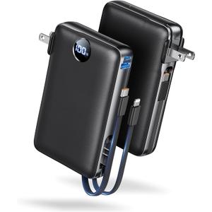Power Bank, 50000 mAh Portable Charger with Built in Cable & Wall Plug, 22.5W Fast Charging, Travel Essential Battery Pack with LED Display for iPhone 17/16/15/14 Series, Galaxy, iPad Black