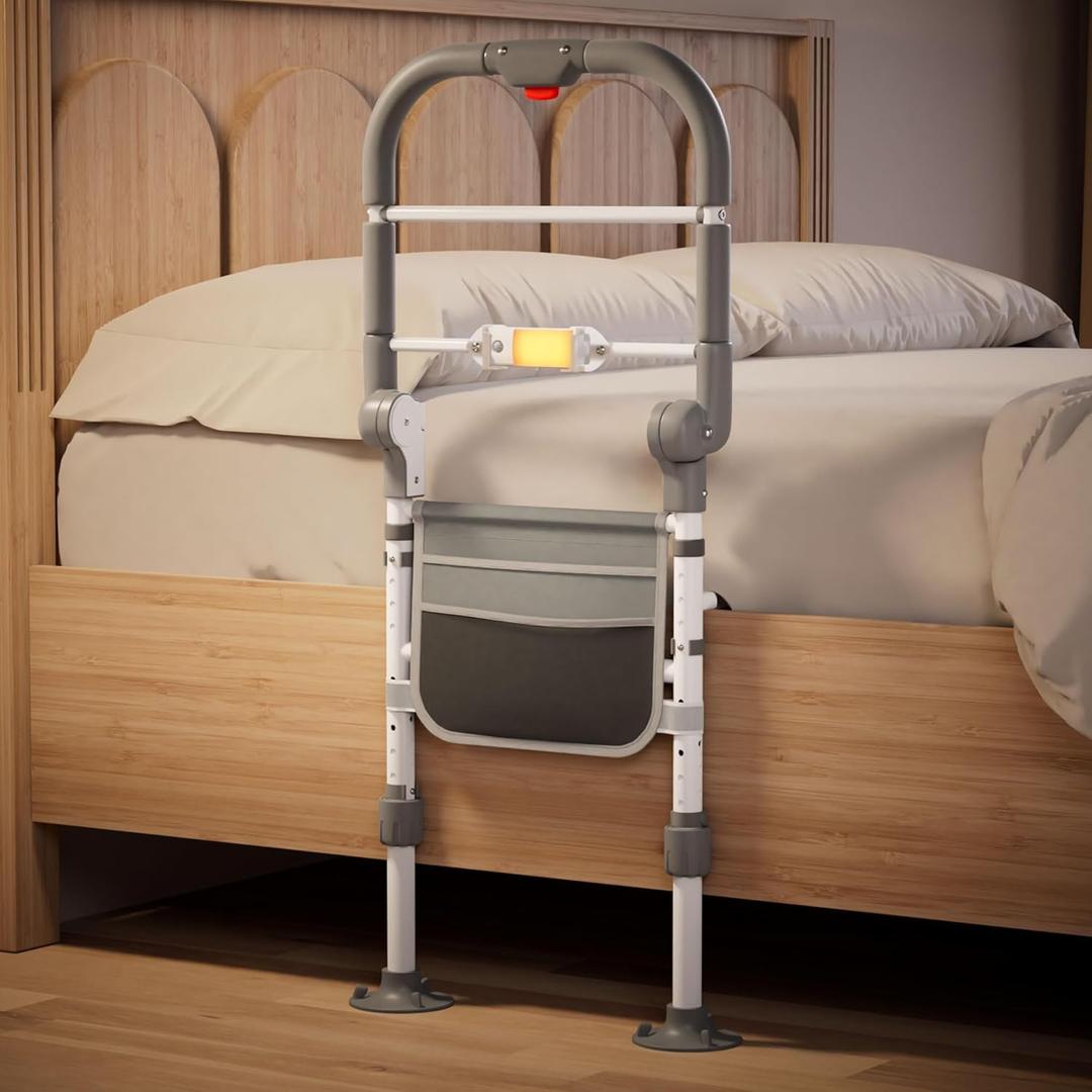 Bed Rails for Elderly Adults Safety Foldable Bed Assist Rail with Adjustable Height, Non-Slip Handle, Motion Sensor Light & Storage Pouch, Fits King Queen Full Twin Beds, Supports 350 LBS (Large)
