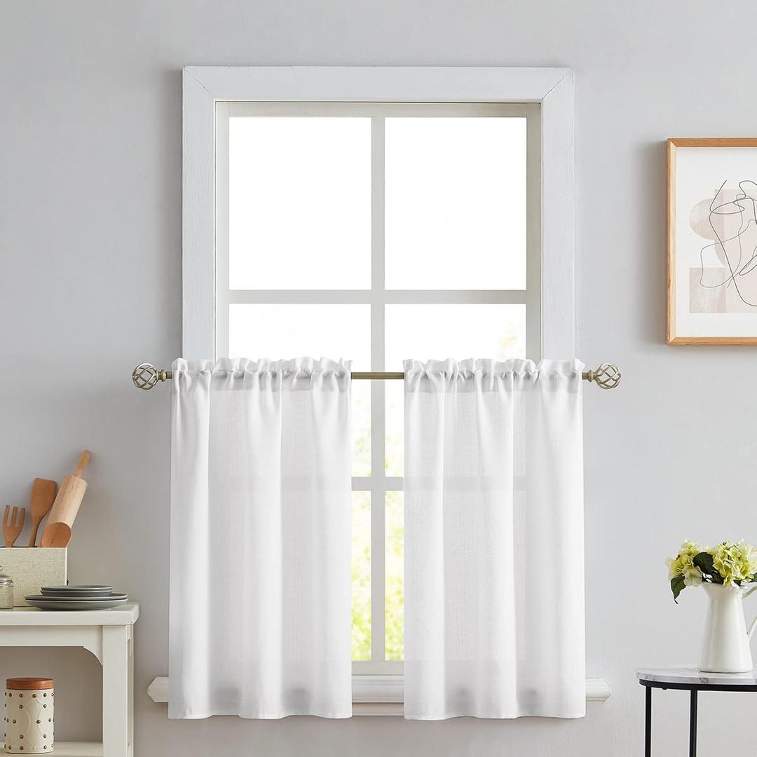 Melodieux White Semi Sheer Tier Curtains 45 Inch Length for Kitchen Cafe Bedroom Small Windows, Linen Look Rod Pocket Short Curtain Tiers Voile Drapes, 2 Panels