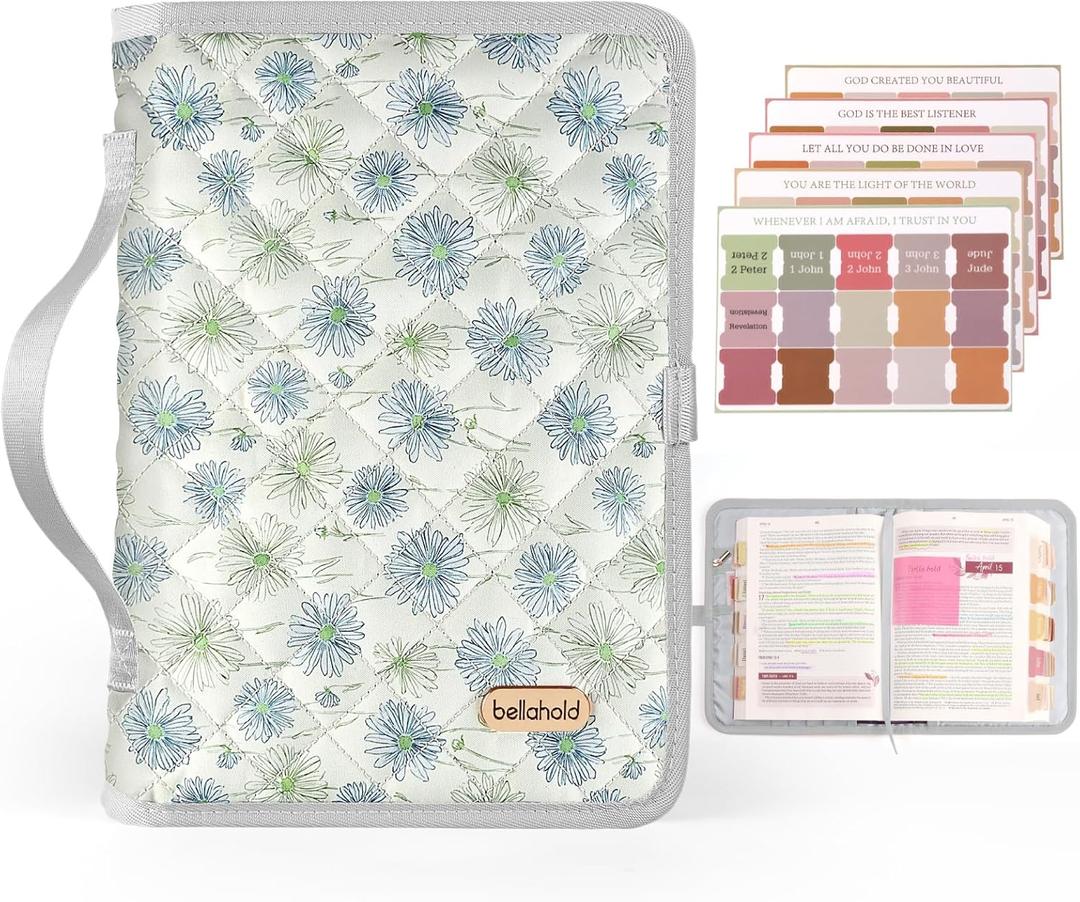 BellaHold Adjustable Bible Cover with 75 Bible Tabs - Bible Cover Case for WomenWaterproof, Washable Quilted Bible CaseReusable Christian Gifts for Women (Daisy-XL)