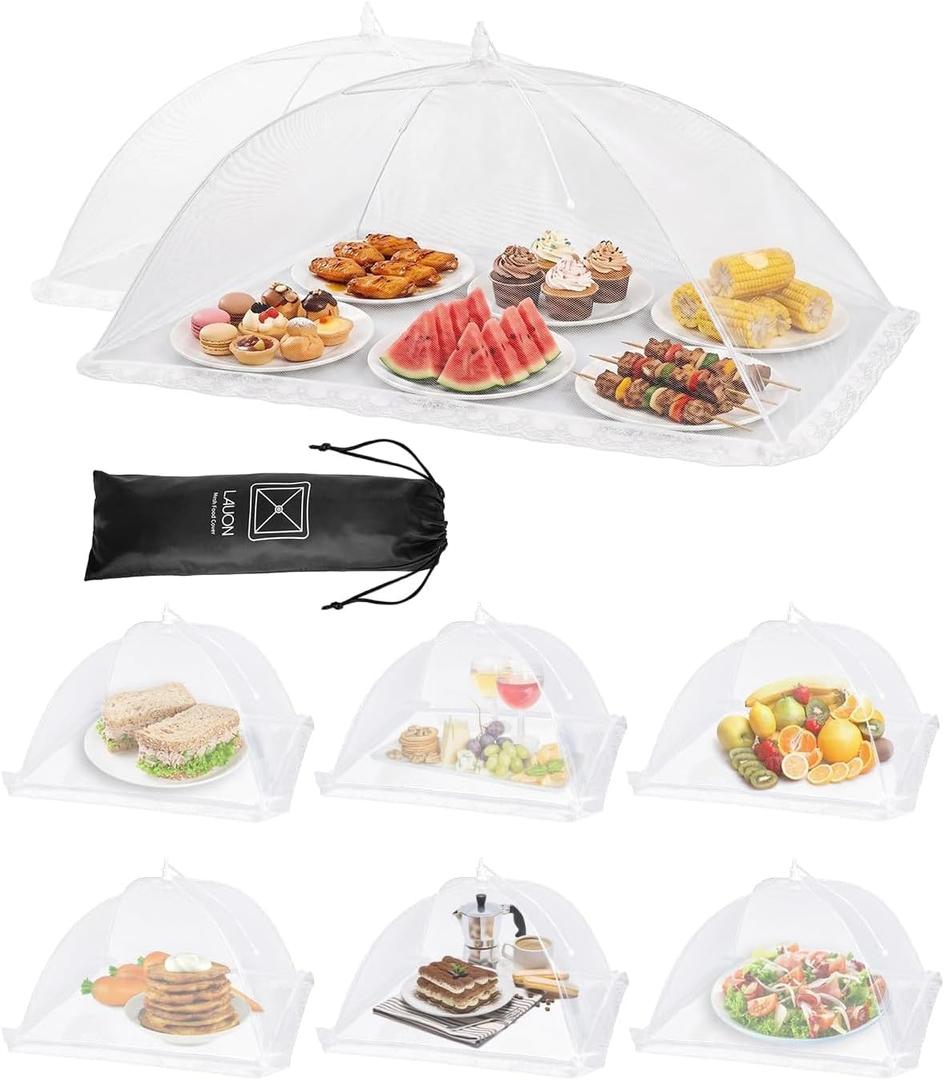 Food Covers for Outside - 2 Extra Large (40 x 25 in) & 6 Large (17 x 17 in) Pop-Up Umbrella Screen Tents- Breathable Outdoor Mesh Food Covers & Picnic Essentials - Collapsible Mesh Food Tent