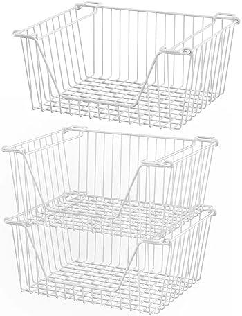 blitzlabs Stackable Wire Metal Baskets Cabinet Organizer Sturdy Metal Wire Pantry Freezer Bin with Handle for Kitchen Fruit Vegetable Organization, White, 3Packs